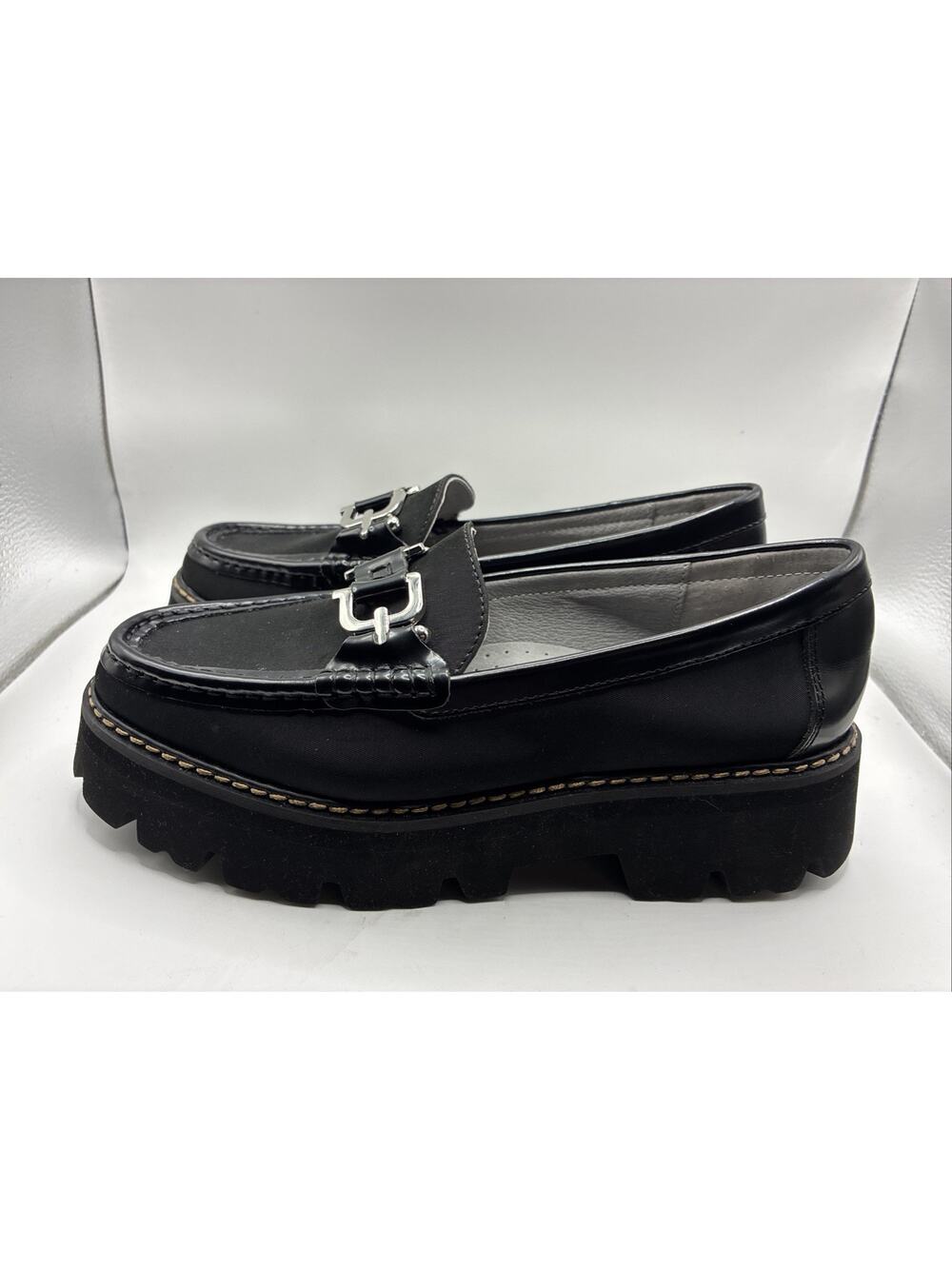 Donald Pliner Marvell Black Nylon Leather Lug Sole Loafer Horsebit Womens 7